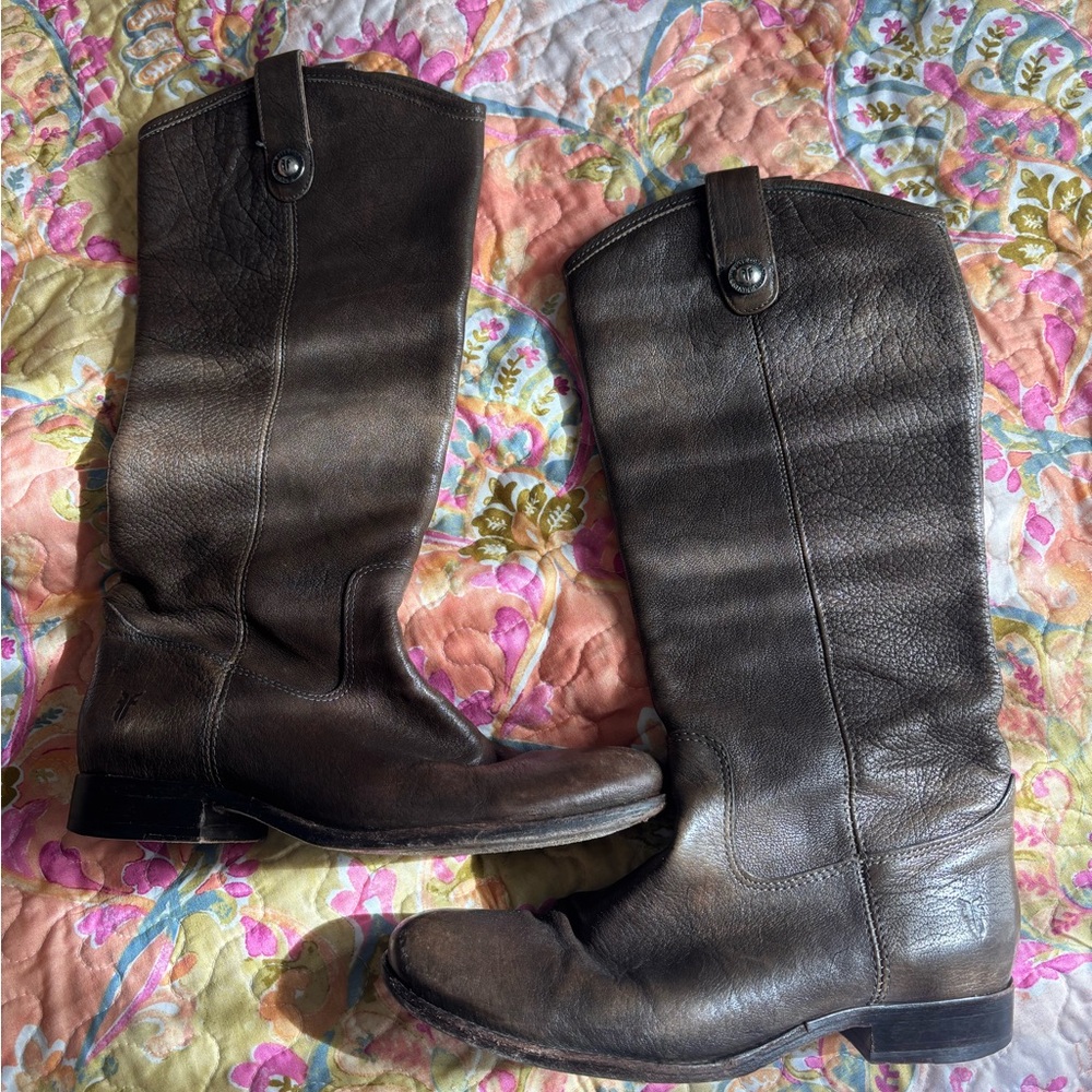 Vintage Frye Melissa Lug Button Tall Brown Leather Boots
